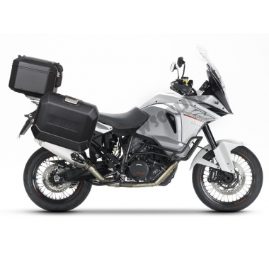 Complete set of black aluminum cases SHAD TERRA, 48L topcase + 36L / 47L side cases, including mounting kit and plate SHAD KTM Adventure 1090, 1190, Super Adventure 1290 (R, S)